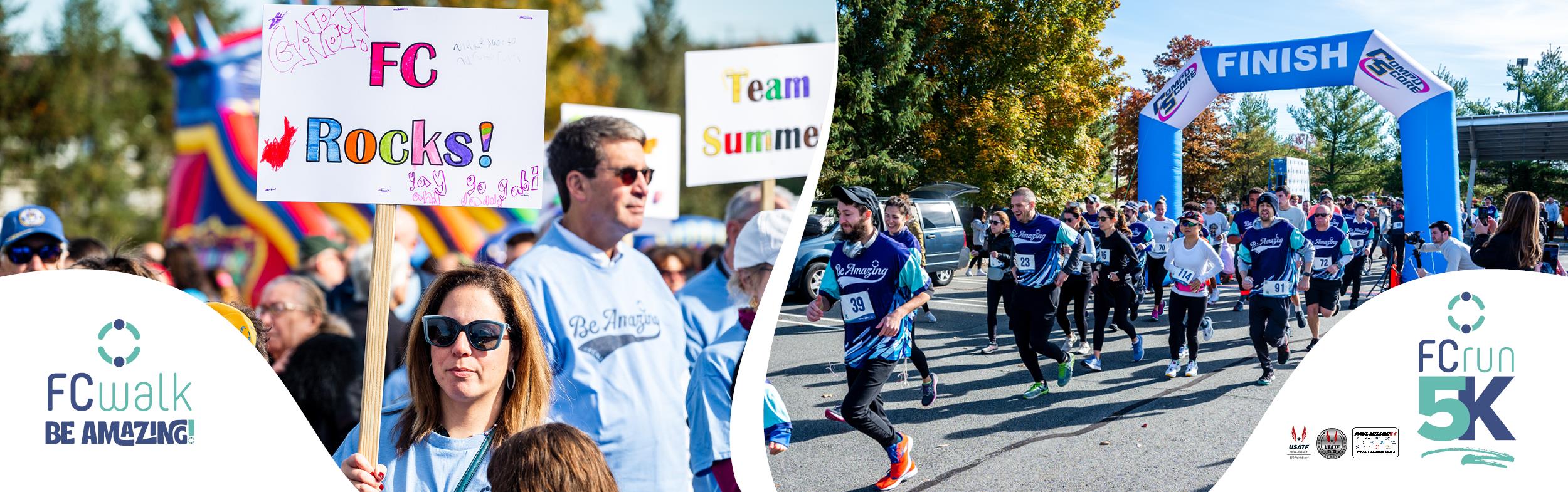FCWalk supporters with signs and FCRun 5K finish line